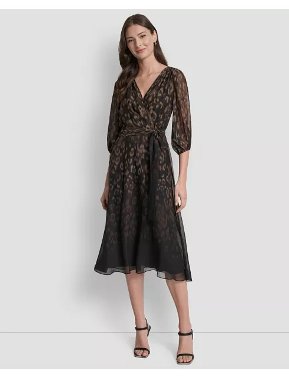 DKNY NWT Animal Print Chiffon Wrap Midi Dress Size 2 Black Brown $129 Chic